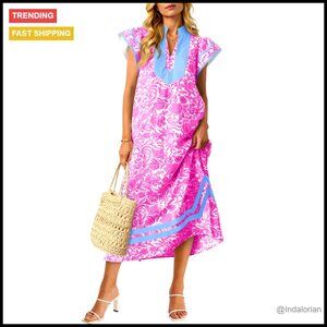 Floral Maxi Dress Casual Boho Beach V Neck Side Slit Loose Fit Summer